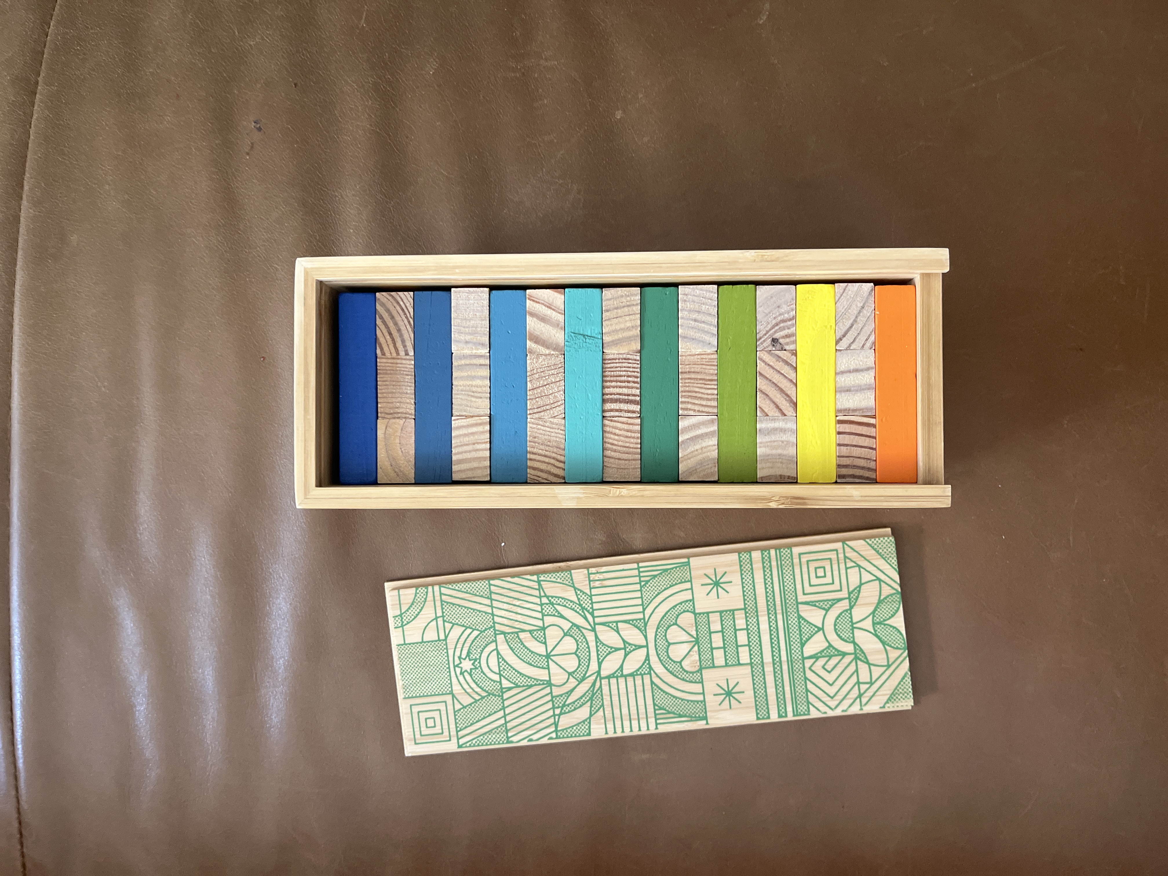Rainbow Jenga-Style Wooden Tumble Tower in Bamboo Box